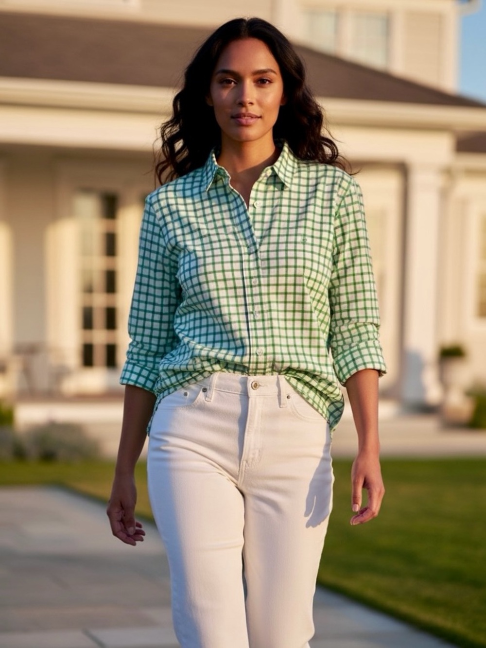 Lauren Ralph Lauren Women’s M Green Windowpane Plaid Cotton Button Down Shirt